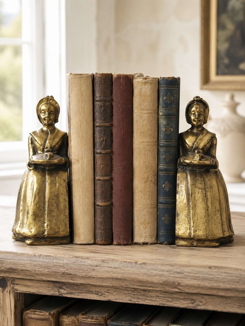 Antique Walter Baker & Co La Belle Chocolatiere Cast Iron Bookends c1900